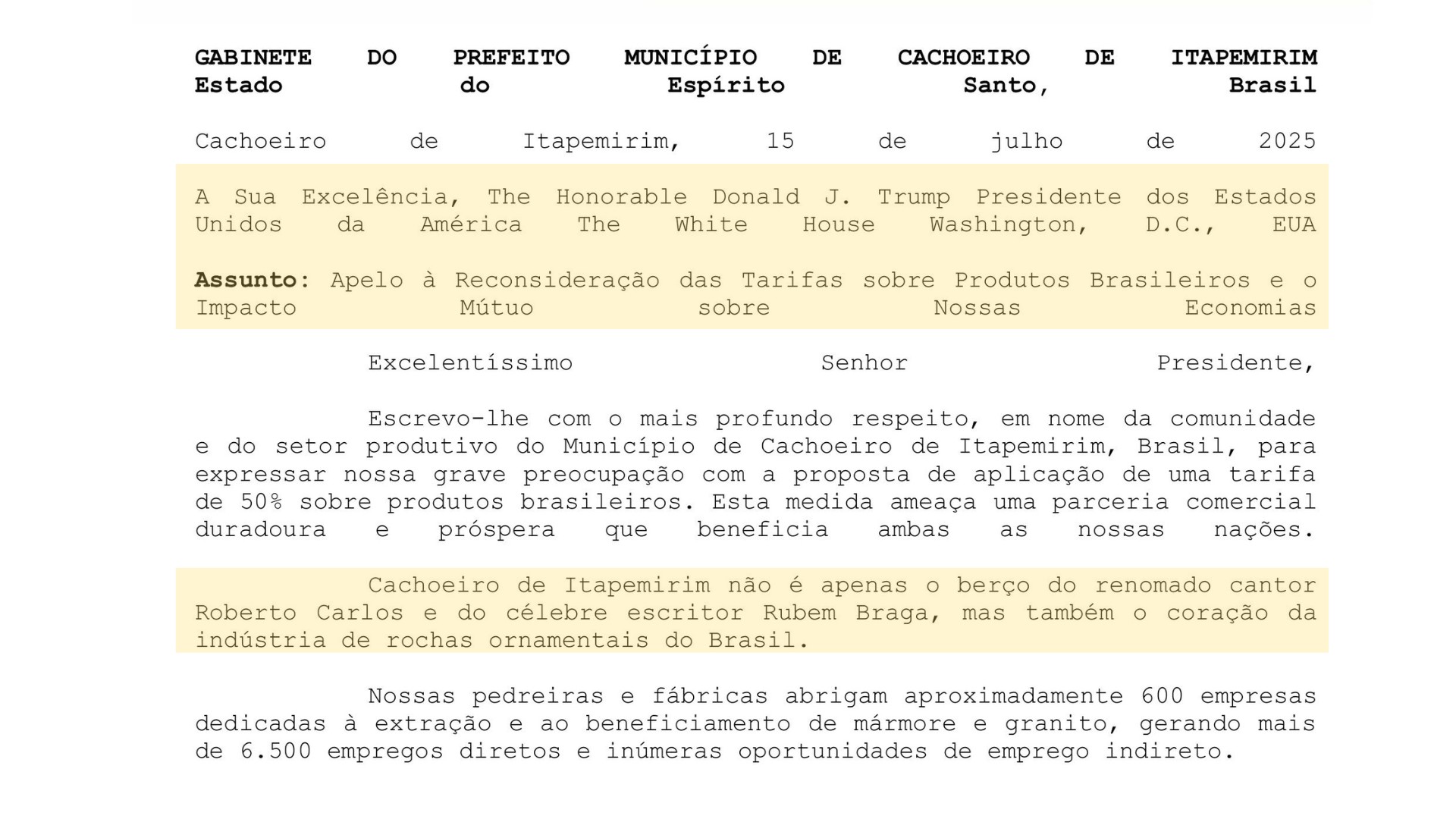 Em carta a Trump, prefeito de Cachoeiro (ES) cita Roberto Carlos ao pedir fim do tarifaço