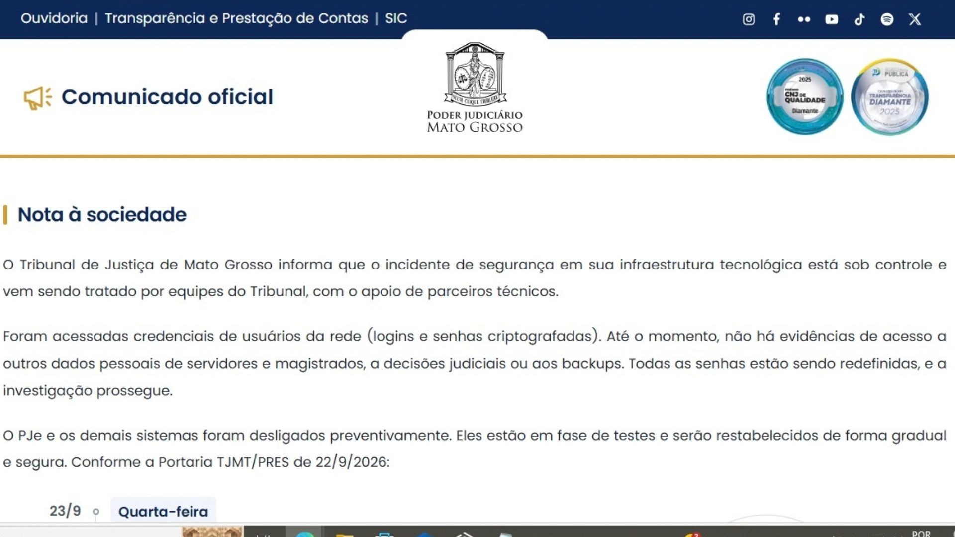 TJMT segue fora do ar e atendimento ao público continua suspenso nesta segunda-feira (28)