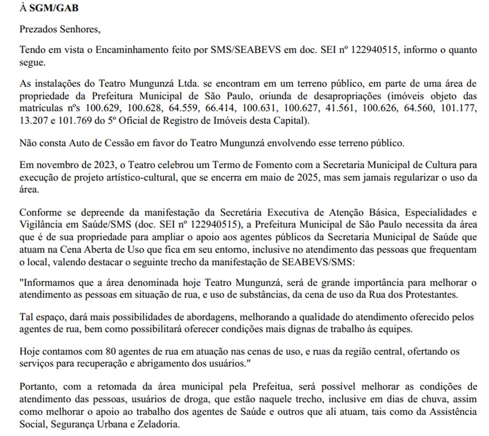 Trecho da notificação da Prefeitura de SP ao teatro. — Foto: Reprodução