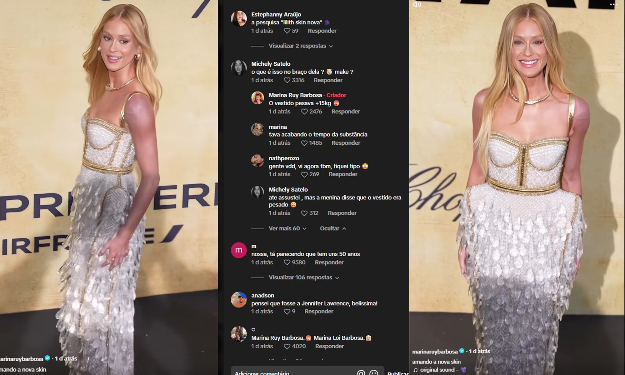 Marina Ruy Barbosa explica motivo de braço roxo durante baile da amfAR, em Cannes