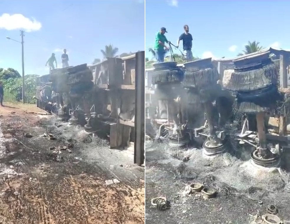 Carreta frigorífica pega fogo e tomba na rodovia BR-135, em Monte Alegre do Piauí — Foto: Polícia Rodoviária Federal