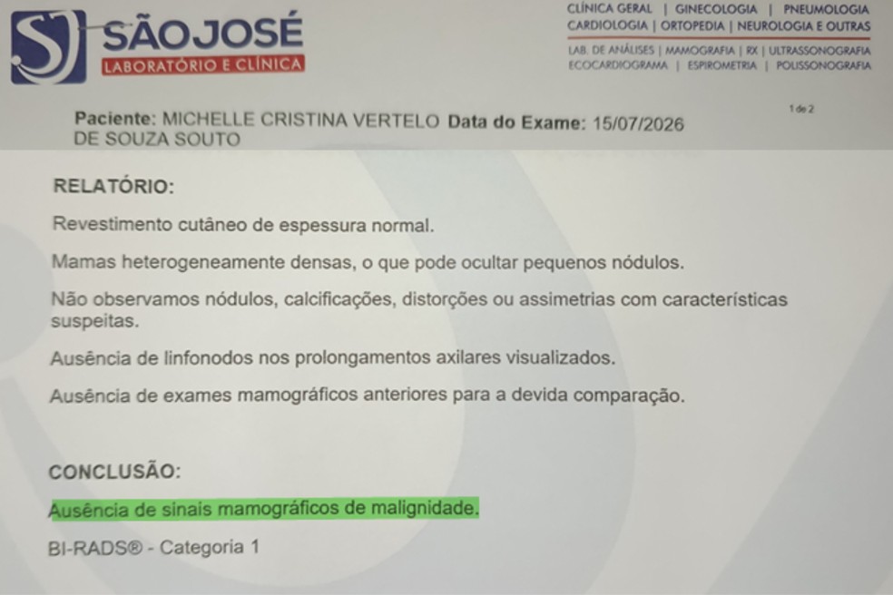 Último exame mamográfico da candidata foi realizado em 15 de julho deste ano. — Foto: Imagens cedidas por Michelle Souto