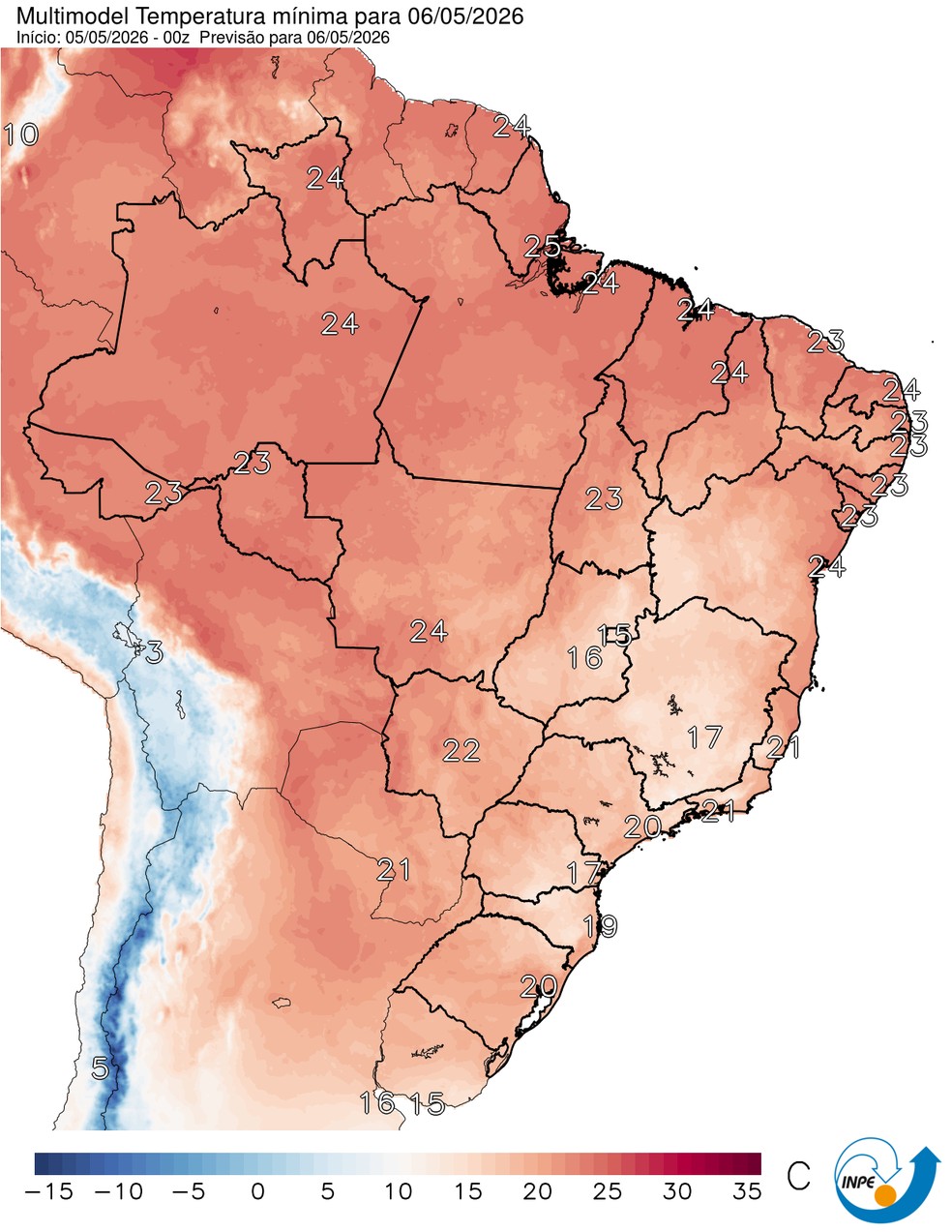 Mapa mostra previsão de temperatura mínima para esta quarta (06). — Foto: CPTEC/Inpe
