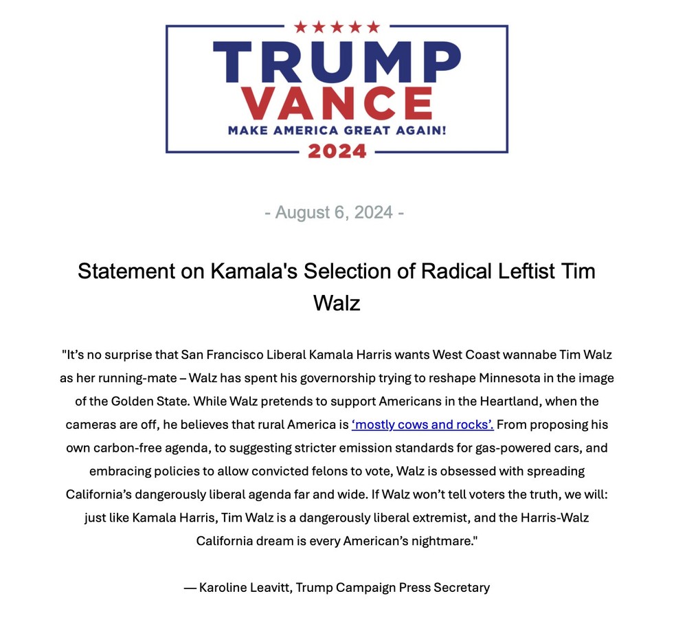 Comunicado da equipe de campanha de Trump sobre a escolha de Tim Walz — Foto: Reprodução/X
