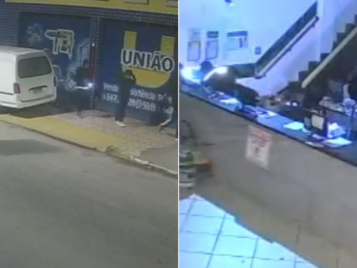 Quadrilha é filmada invadindo loja que teve 40 equipamentos furtados no litoral de SP; VÍDEO