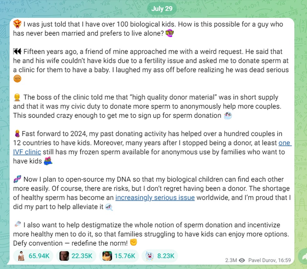 Mensagem enviada pelo CEO do Telegram sobre ter mais de 100 filhos biológicos — Foto: Reprodução/Telegram