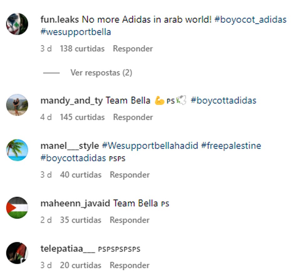 Comentários em publicações da Adidas. — Foto: Reprodução