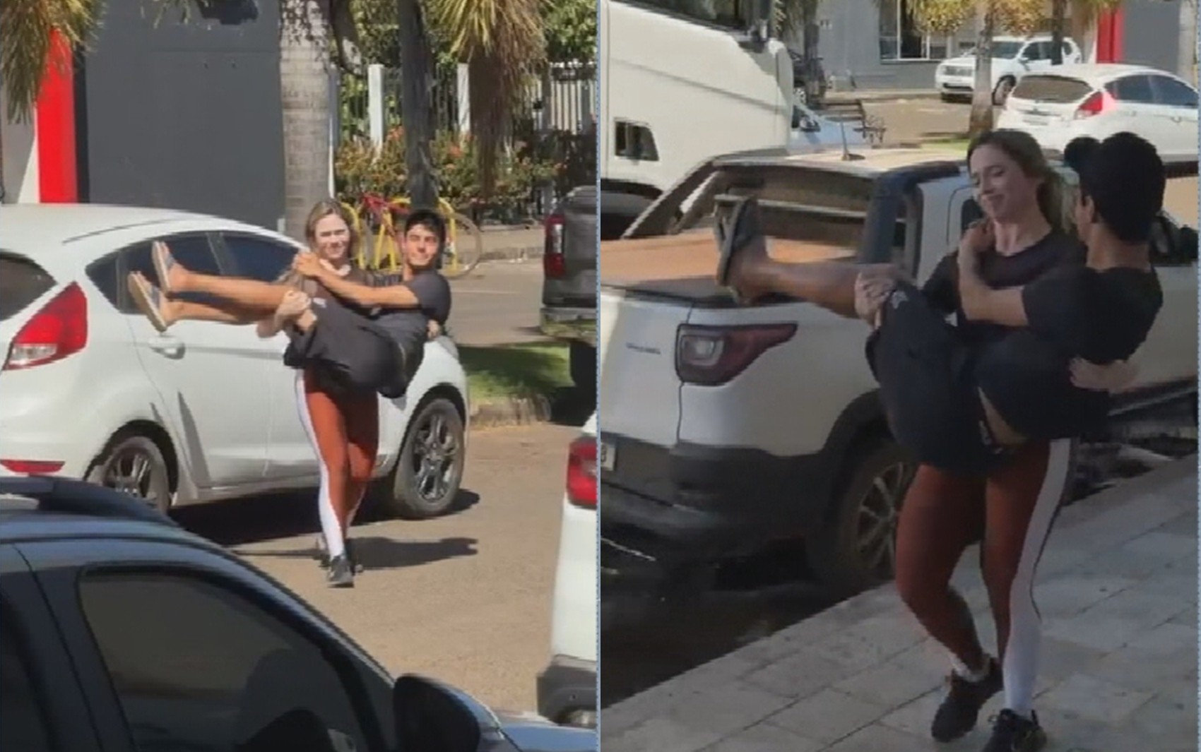 Mulher viraliza ao carregar marido no colo após ele quebrar o pé; vídeo