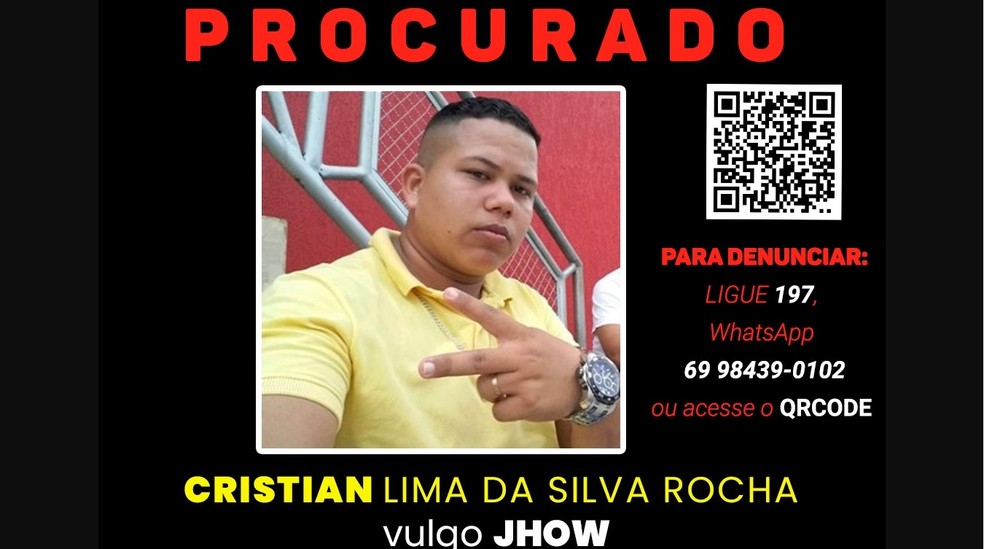 Cristian Lima da Silva Rocha, o Jhow, está foragido em Porto Velho — Foto: Reprodução/PC-RO