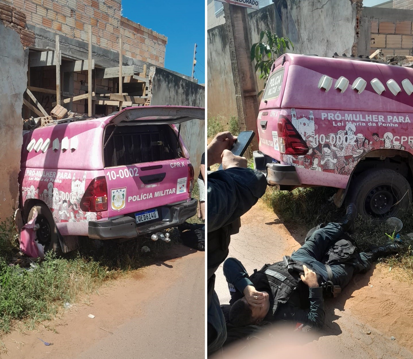 Dois policiais militares ficam feridos após viatura bater em muro em Itaituba