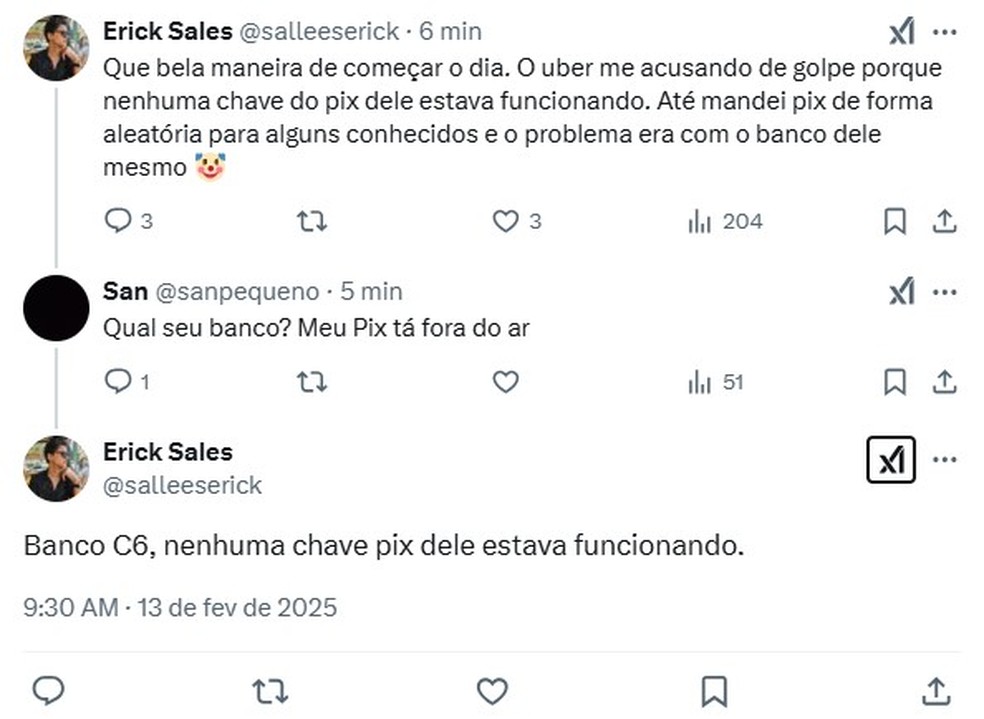 Relato de cliente de bancos brasileiros sobre instabilidade no Pix — Foto: Reprodução/X