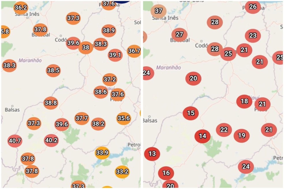 Índices de temperaturas máximas, à esquerda, e umidade relativa do ar, à direita — Foto: Divulgação/Semarh