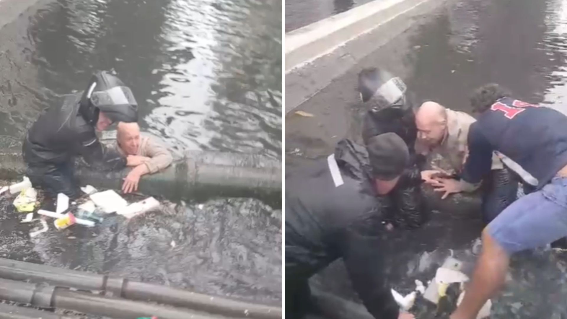 Idoso cai em canal em Santos durante temporal, se agarra em tubulação e é salvo por moradores; VÍDEO