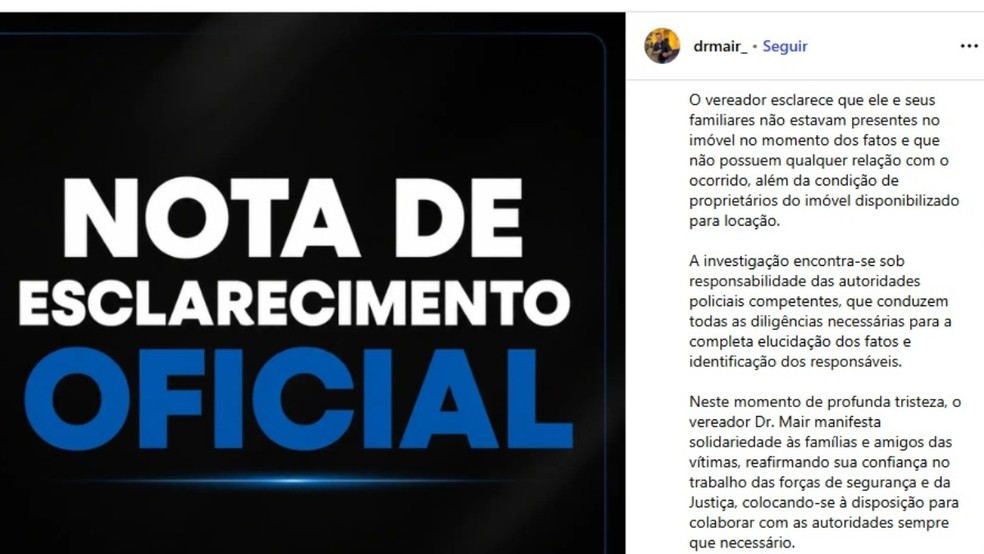 Nota do vereador Doutor Mair, de Mangaratiba — Foto: Reprodução