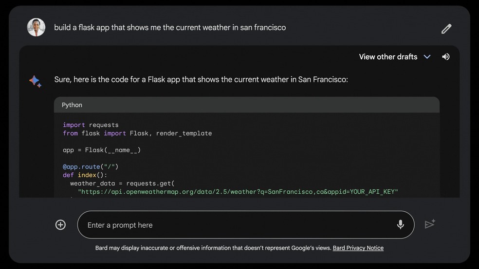 Google Bard consegue sugerir códigos-fonte a partir de comandos dos usuários — Foto: Divulgação/Google