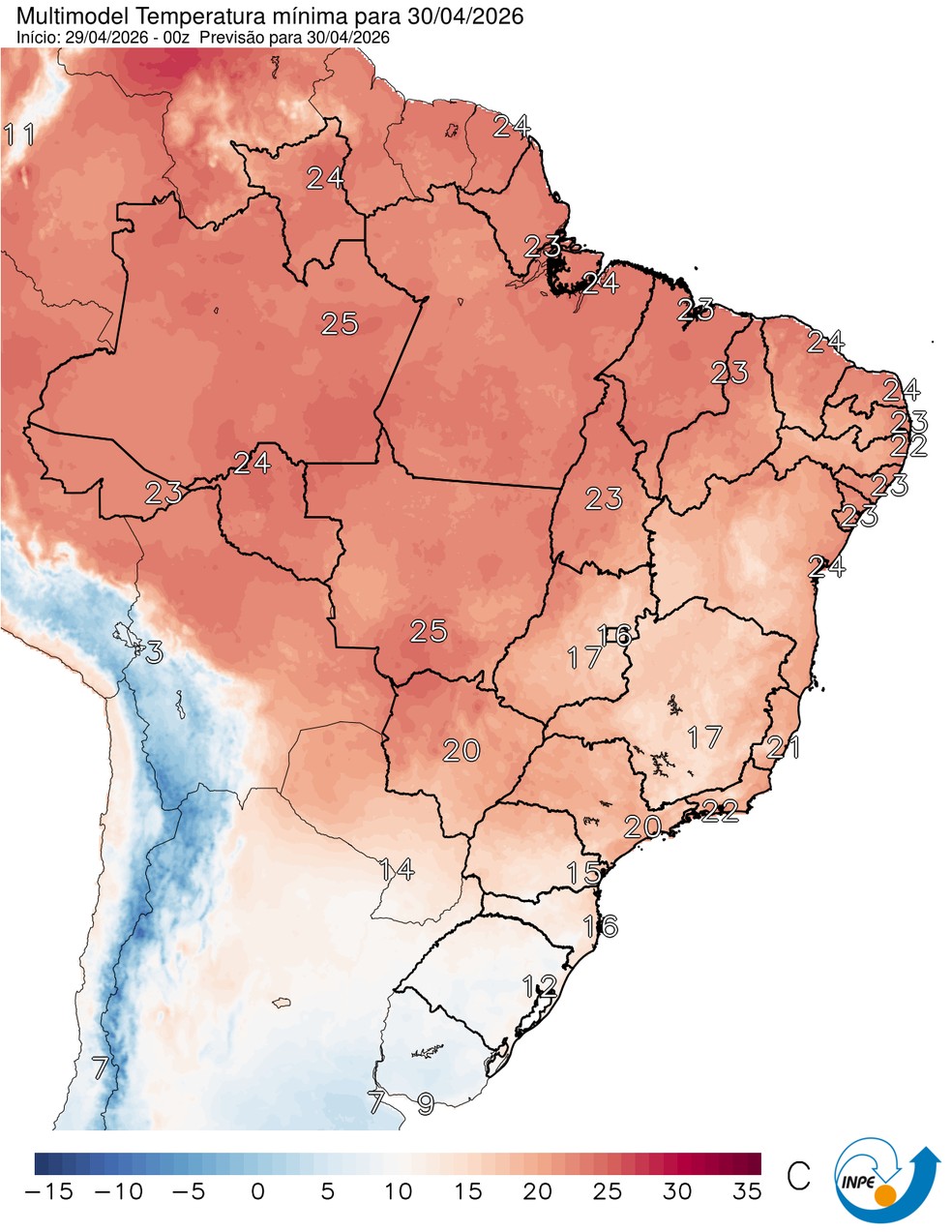 Previsão de temperatura mínima em todo o país nesta quinta (30). — Foto: CPTEC/Inpe