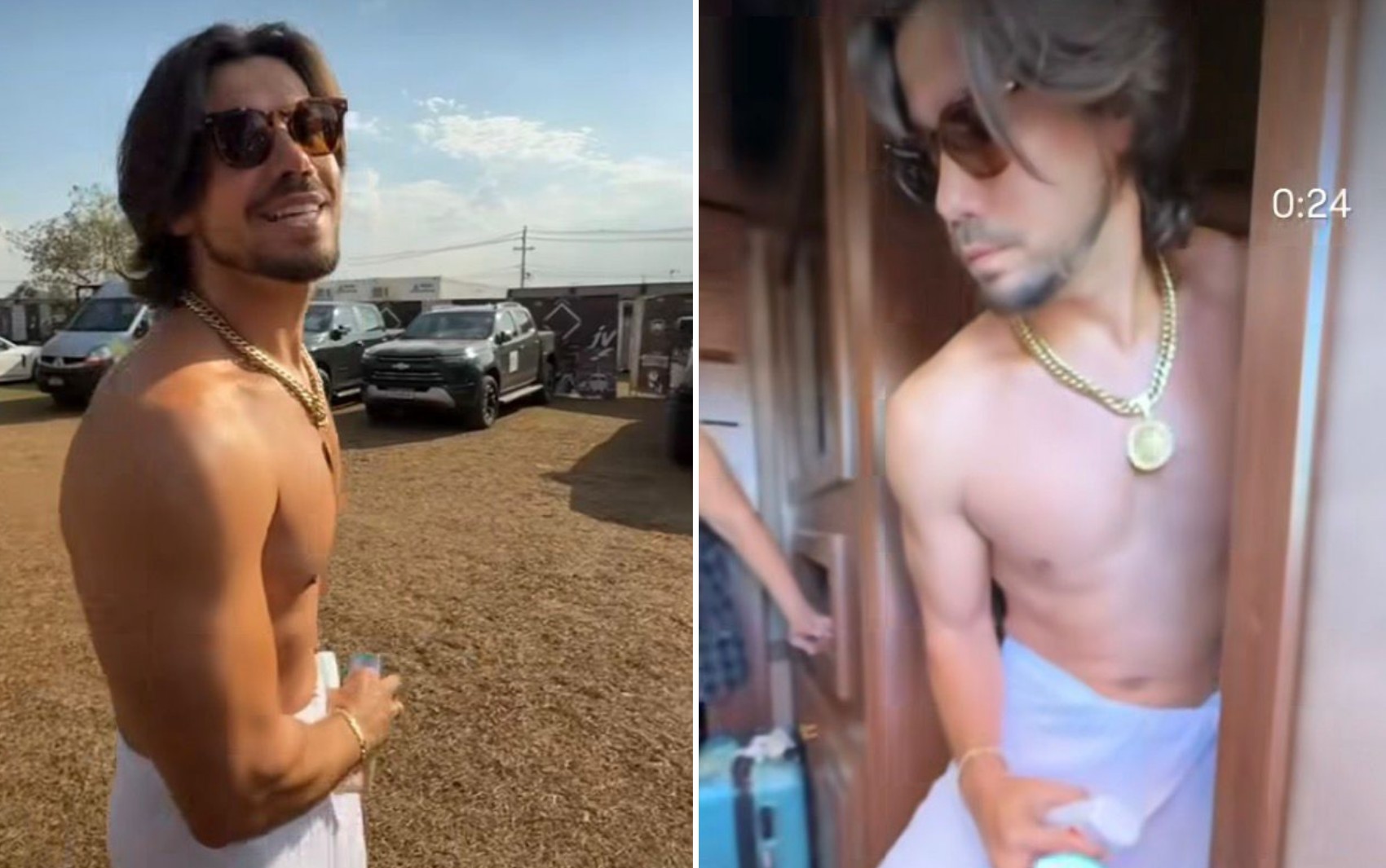 Cantor Mariano anda só de toalha pelo camping de Barretos após trailer ficar sem água