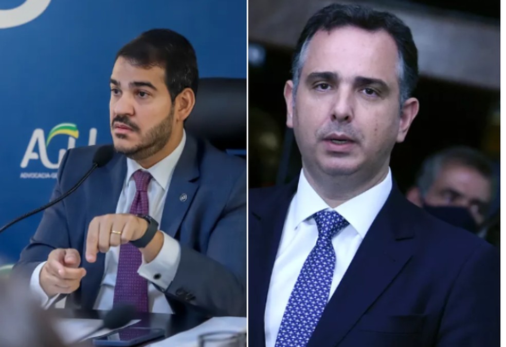 Montagem mostra Jorge Messias e Rodrigo Pacheco — Foto: Daniel Estevão / AscomAGU  e Edilson Rodrigues/Agência Senado