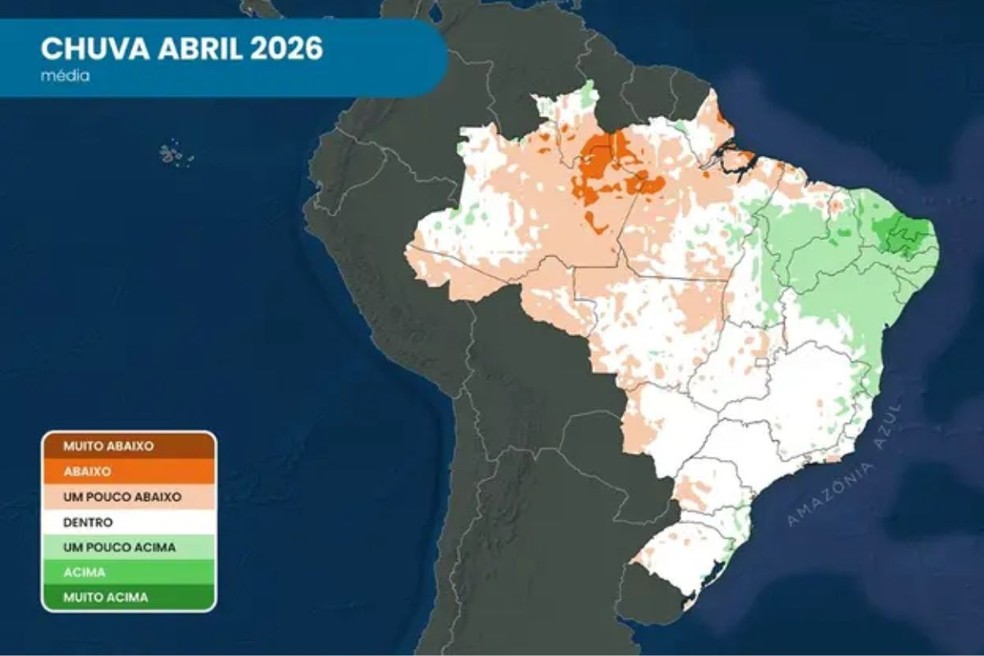 Tons azul indicam volume de chuva acima da média; tons de marrom indicam chuva abaixo da média; o branco representa volume de chuva próximo da média. — Foto: Climatempo/Reprodução