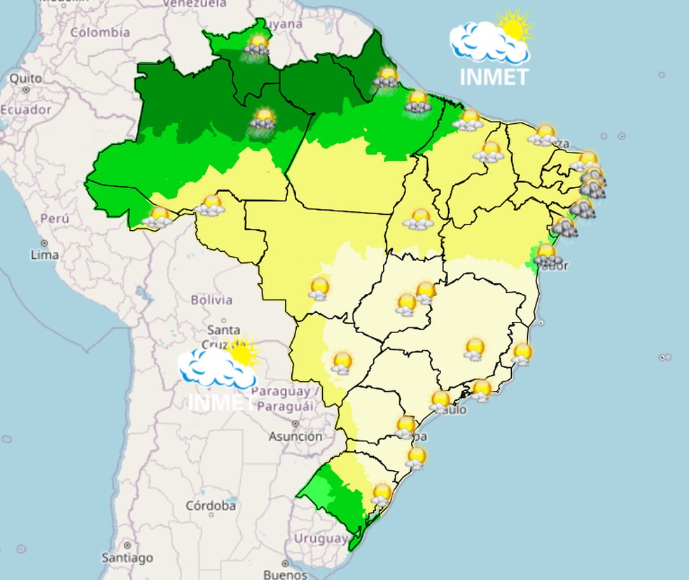 Mapa mostra previsão de chuva para esta sexta-feira (02) em todo o Brasil. — Foto: Inmet/Reprodução