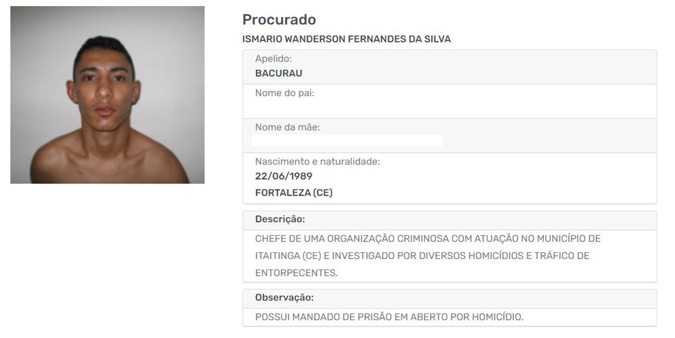 O cearense Ismario Wanderson Fernandes da Silva, o "Bacurau", de 34 anos, é investigado por homicídios e tráfico de drogas. — Foto: SSPDS/ Divulgação