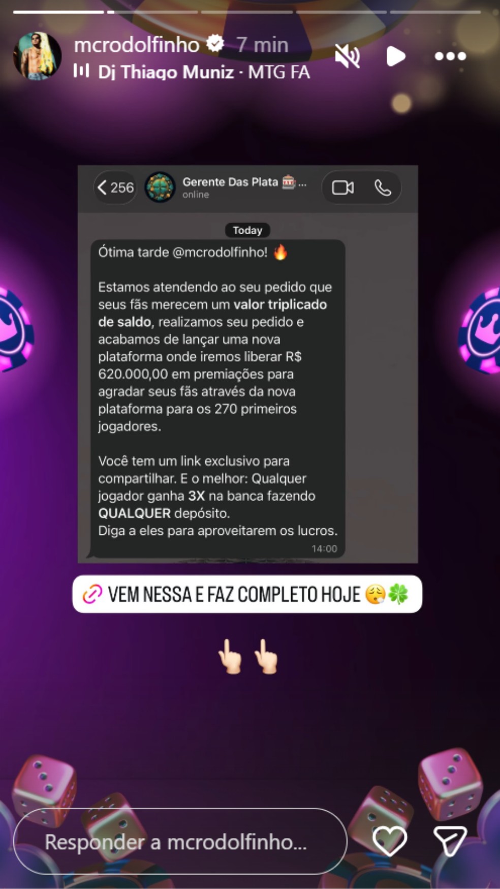 Funkeiro MC Rodolfinho divulga casa de apostas após proibição — Foto: Reprodução/Instagram