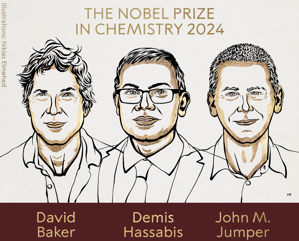 David Baker, Demis Hassabis e John M. Jumper são os ganhadores do Prêmio Nobel 2024 em Química. — Foto: The Nobel Prize/Academia Real das Ciências da Suécia