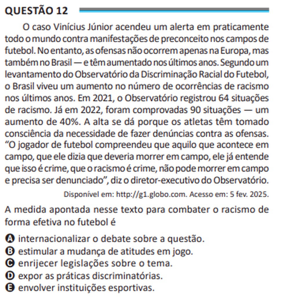 Questão 12 do Enem 2025, aplicado em Belém, cita Vini Jr. — Foto: Enem/Inep