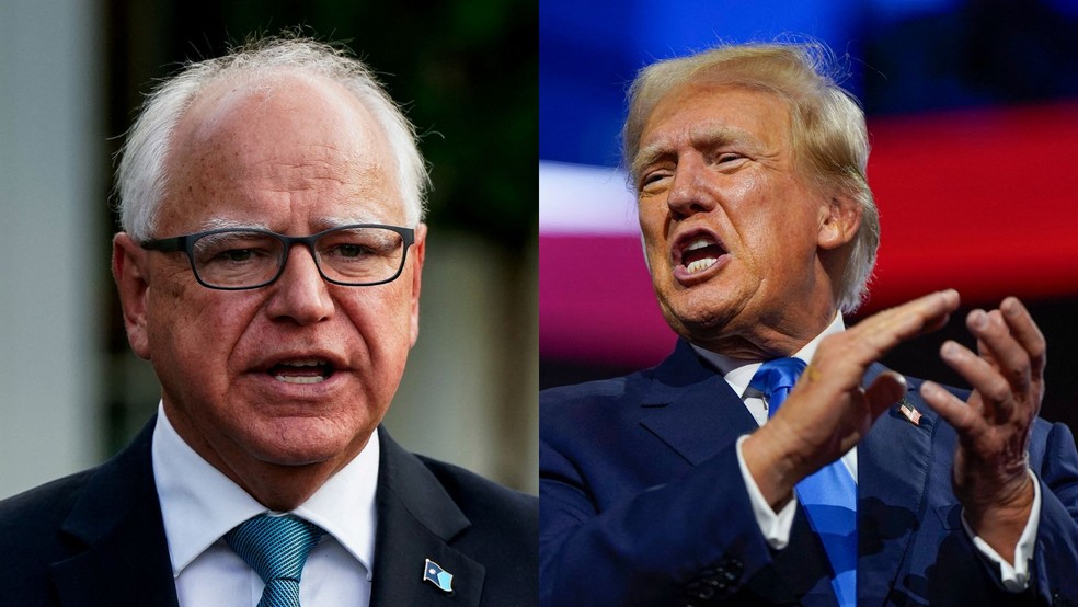 Governador de Minnesota, Tim Walz (à esquerda), e o ex-presidente Donald Trump. — Foto: Elizabeth Frantz/Reuters