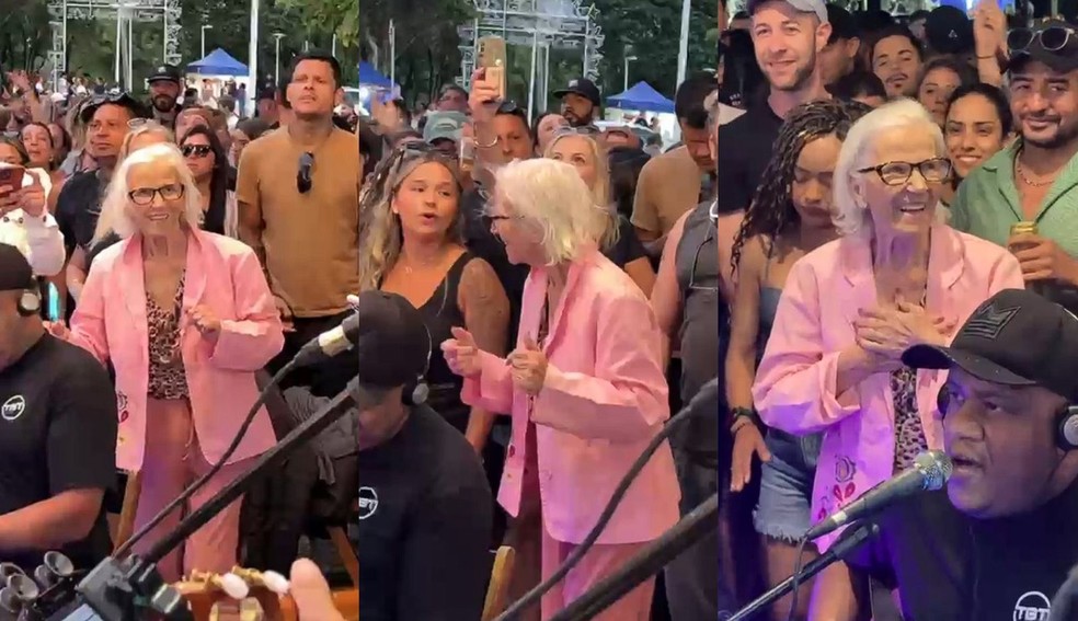 Idosa de 88 anos viraliza ao dançar em show de pagode em Florianópolis — Foto: Reprodução/Banda TBT