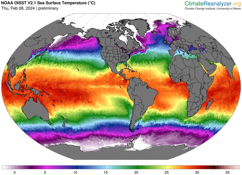 O El Niño é caracterizado pelo aquecimento da faixa Equatorial do Oceano Pacífico. — Foto: NOAA