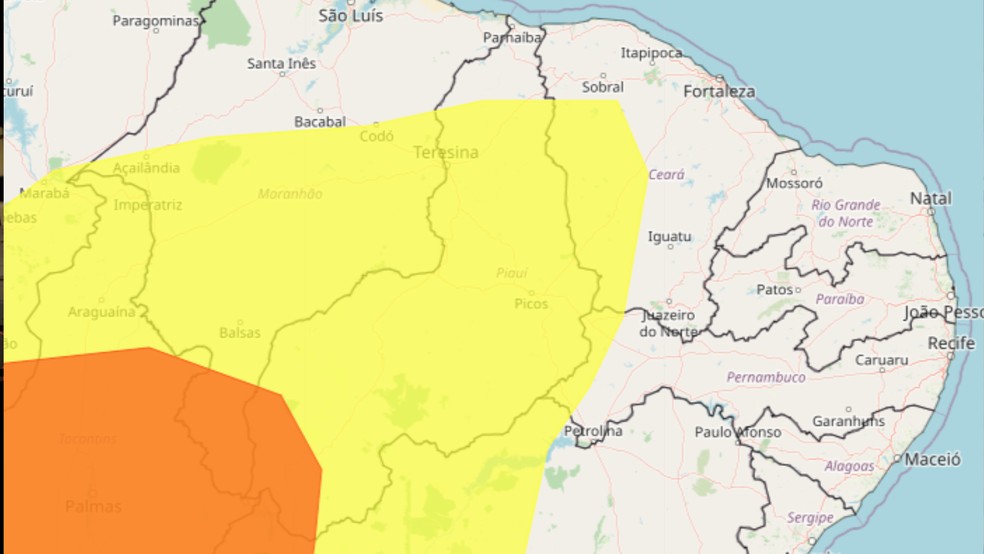 Baixa umidade: Na parte amarela índices devem variar entre 30% e 20%, enquanto na laranja devem ficar entre 20% e 12% — Foto: Reprodução/Inmet