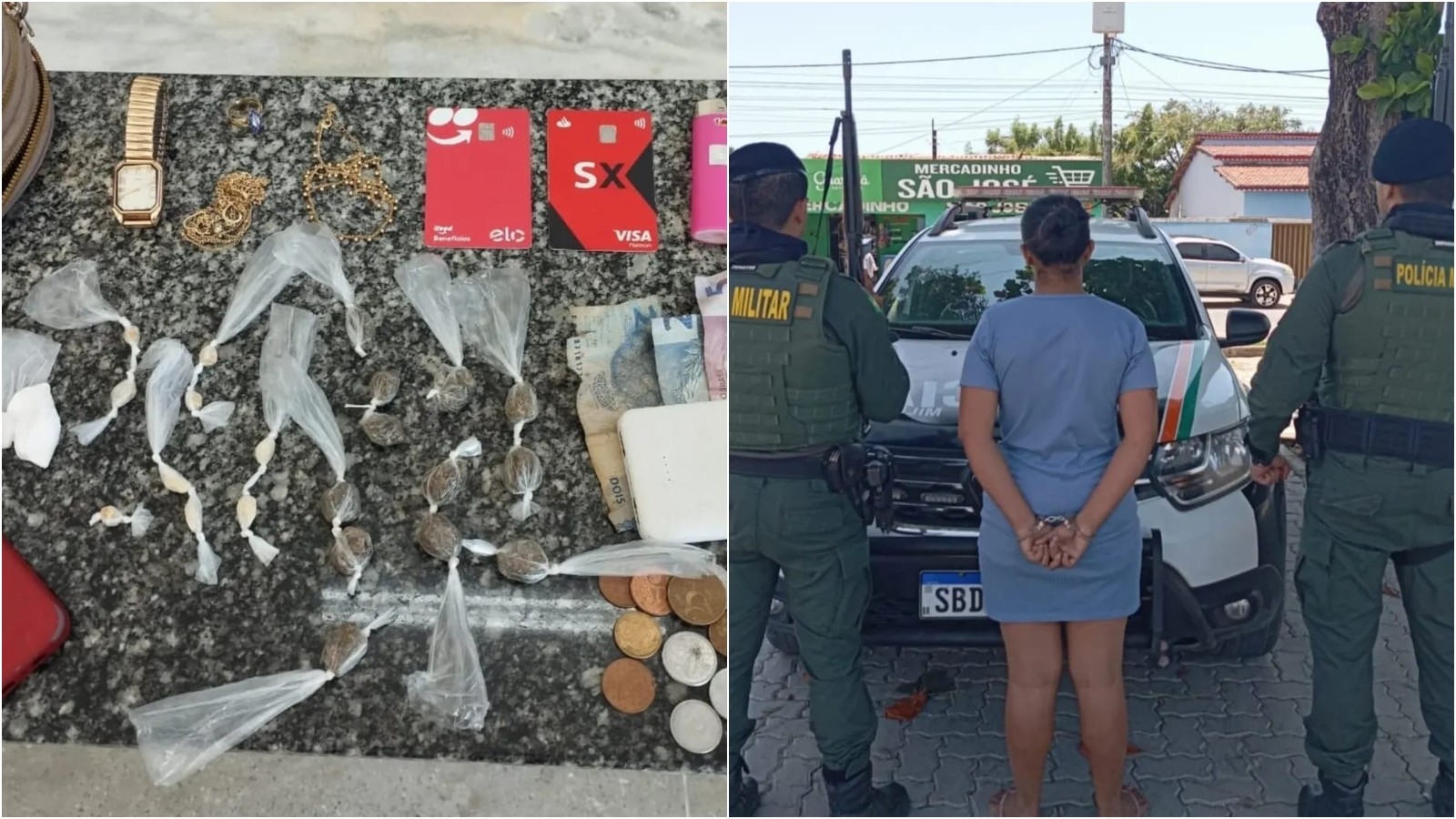 Mulher tenta se livrar de bolsa com drogas ao ver a polícia e acaba presa em Cascavel, no Ceará