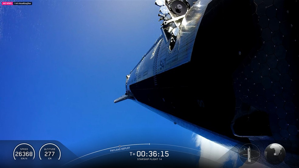 Satélite da Starlink saindo da nave Starship. — Foto: Reprodução/SpaceX