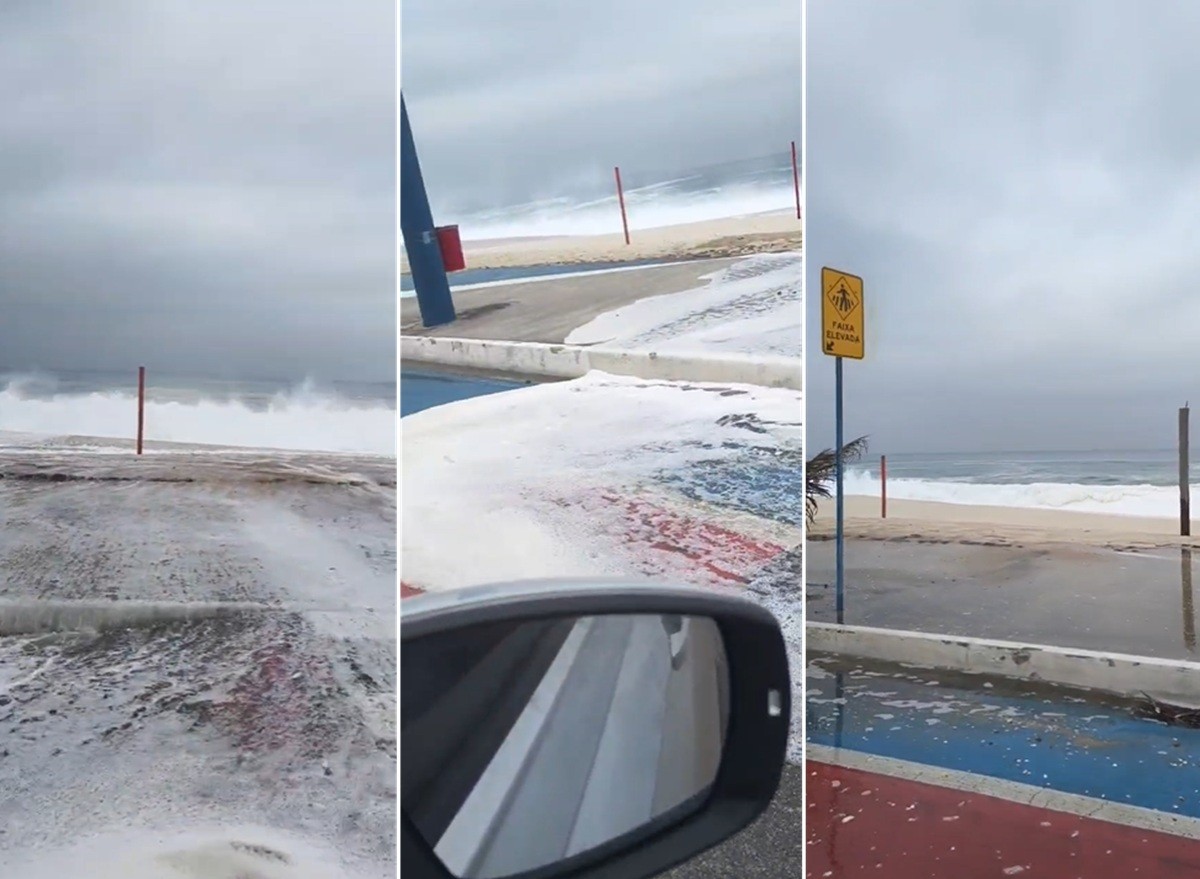 Vídeo mostra mar avançando sobre avenida durante ressaca em Maricá