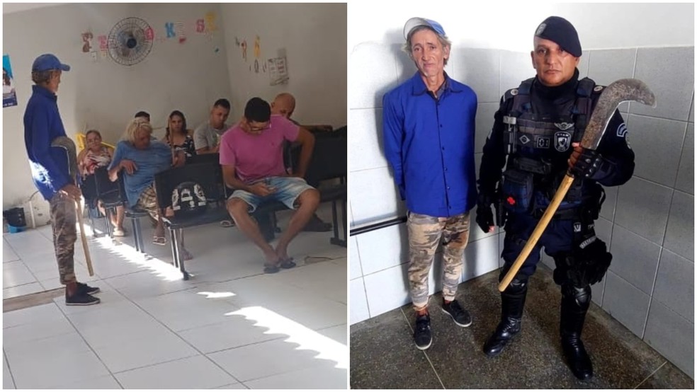 Homem com foice é detido após reclamar de demora em atendimento em posto de saúde na cidade de Eusébio, no Ceará — Foto: GME/Divulgação