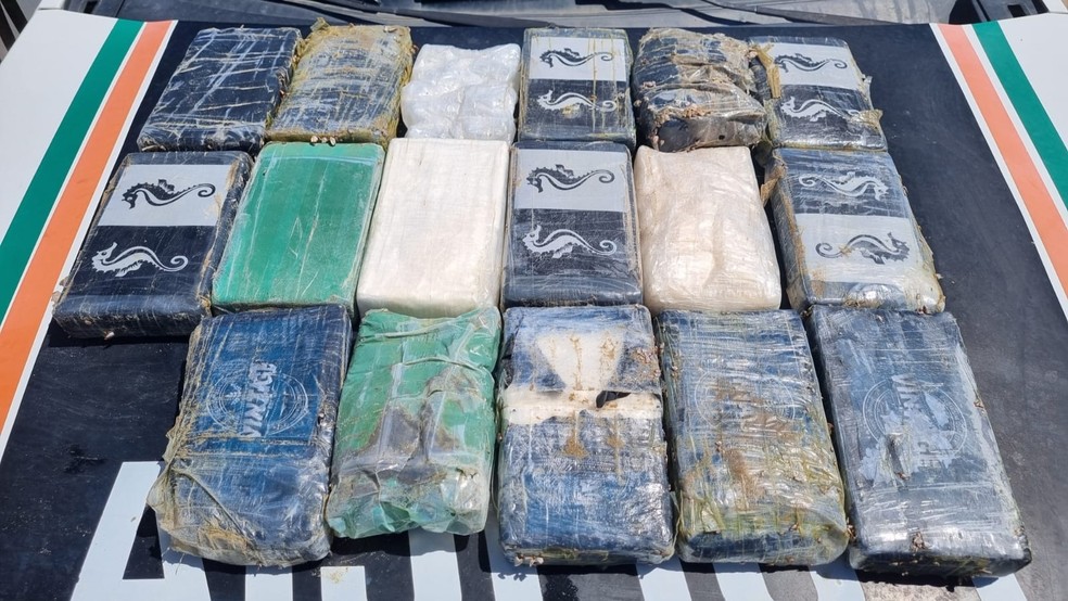 Ao todo, foram localizados 17 tabletes da droga parcialmente enterrado na areia ou espalhado pela orla nas praias de Flecheiras, Emboaca, Canabrava e Lagoinha. — Foto: Polícia Militar/ Divulgação