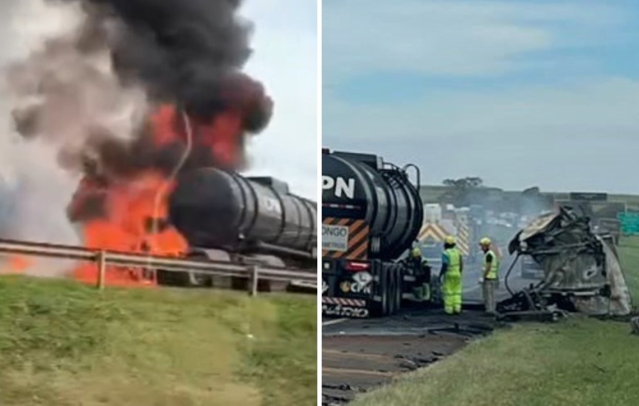VÍDEO: caminhoneiro morre após carreta com biodiesel pegar fogo em acidente no interior de SP