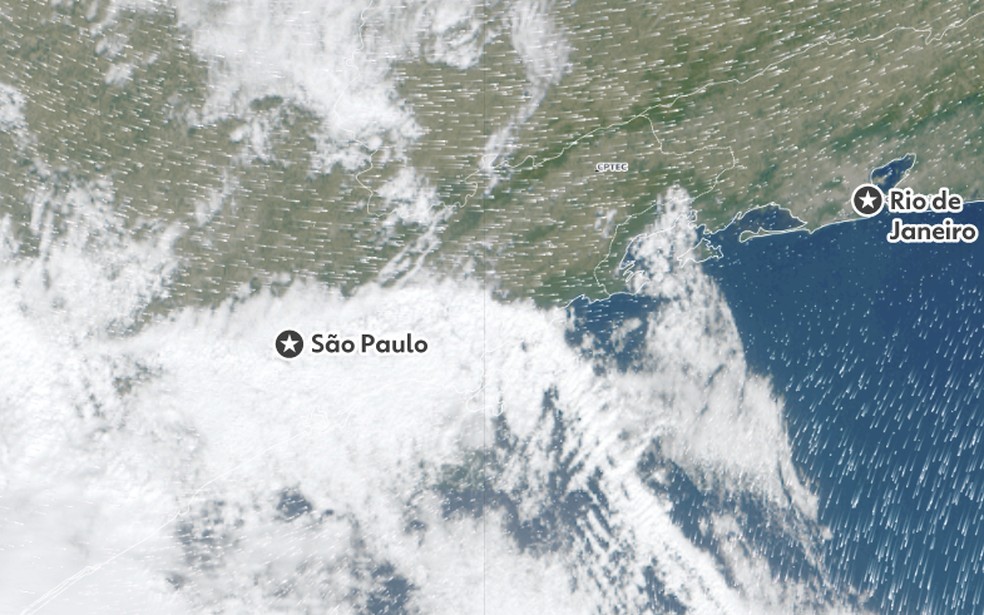 Imagem de satélite mostra a extensa faixa de nuvens sobre São Paulo e o avanço do sistema pelo litoral do Sudeste às 14h da última quarta-feira (29). — Foto: Reprodução/CPTEC/Inpe