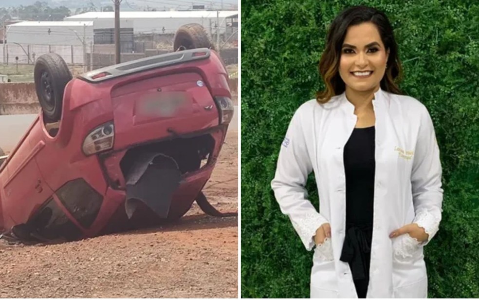 Carro capotado e fisioterapeuta que foi encontrada morta na BR-060, em Rio Verde — Foto: Reprodução/TV Anhanguera