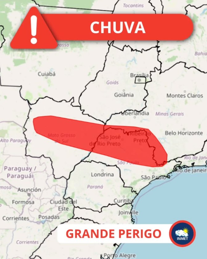 Chuva intensa: Inmet emite aviso vermelho de grande perigo para áreas de SP, MS e MG