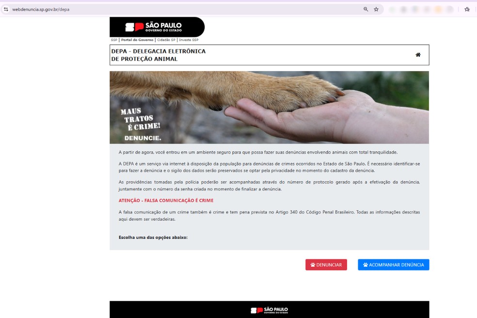 Delegacia Eletrônica de Proteção Animal, a Depa, é um dos principais meios de denúncias contra maus-tratos a animais — Foto: Reprodução