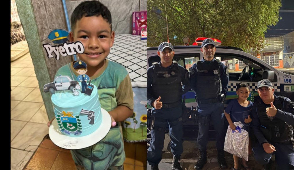 Fora do convencional: menino de 6 anos comemora aniversário dos sonhos com passeio em camburão da PM e ganha presente de policiais  