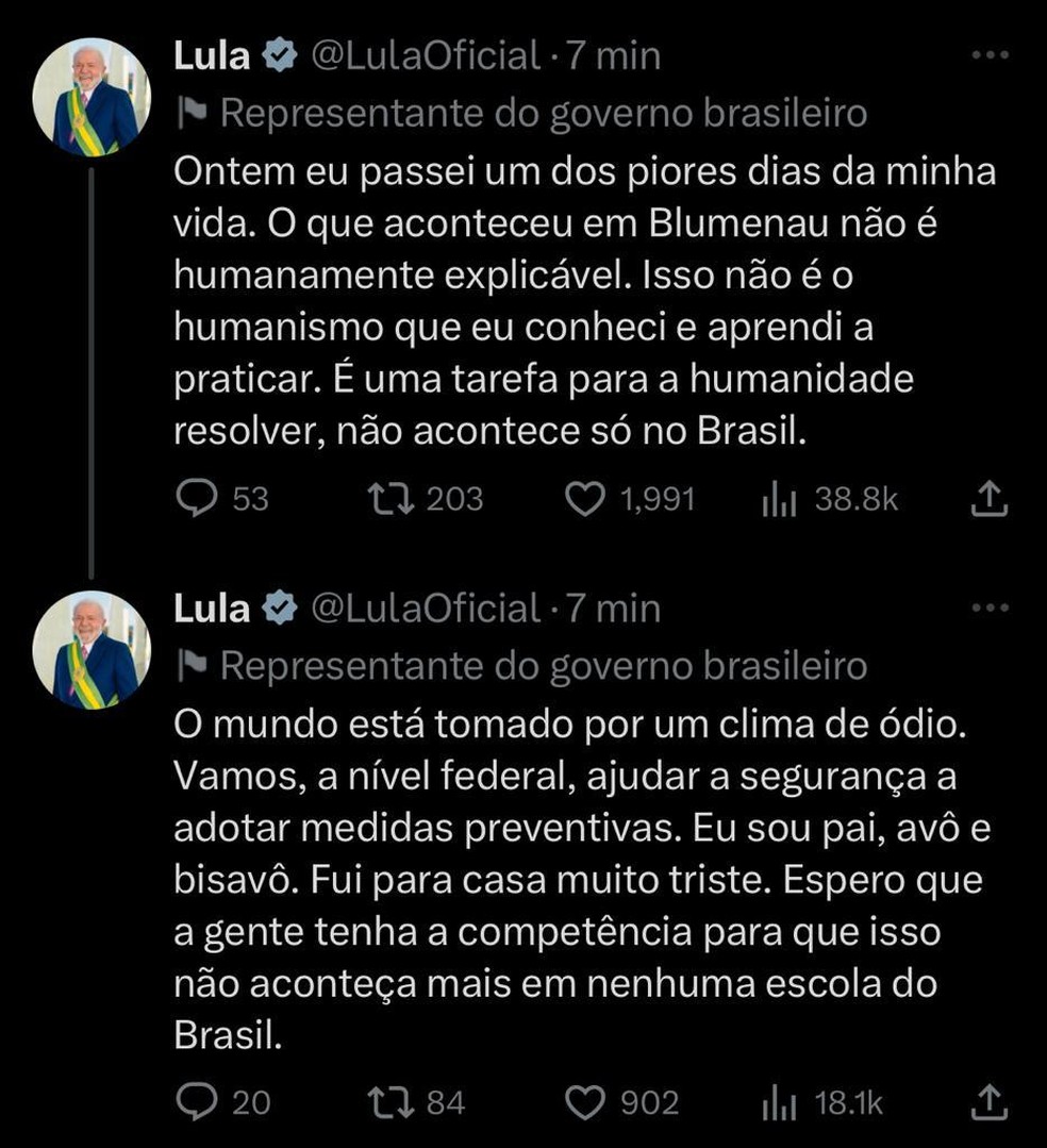 Lula chama ataque a creche de 'monstruosidade' e lamenta mortes de
