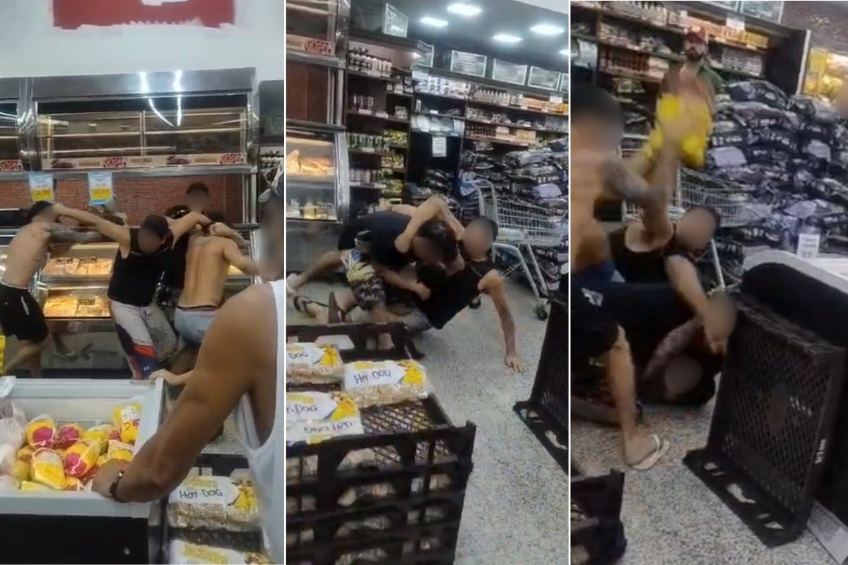 'Furada' de fila em açougue de supermercado termina em pancadaria generalizada em SP; VÍDEO