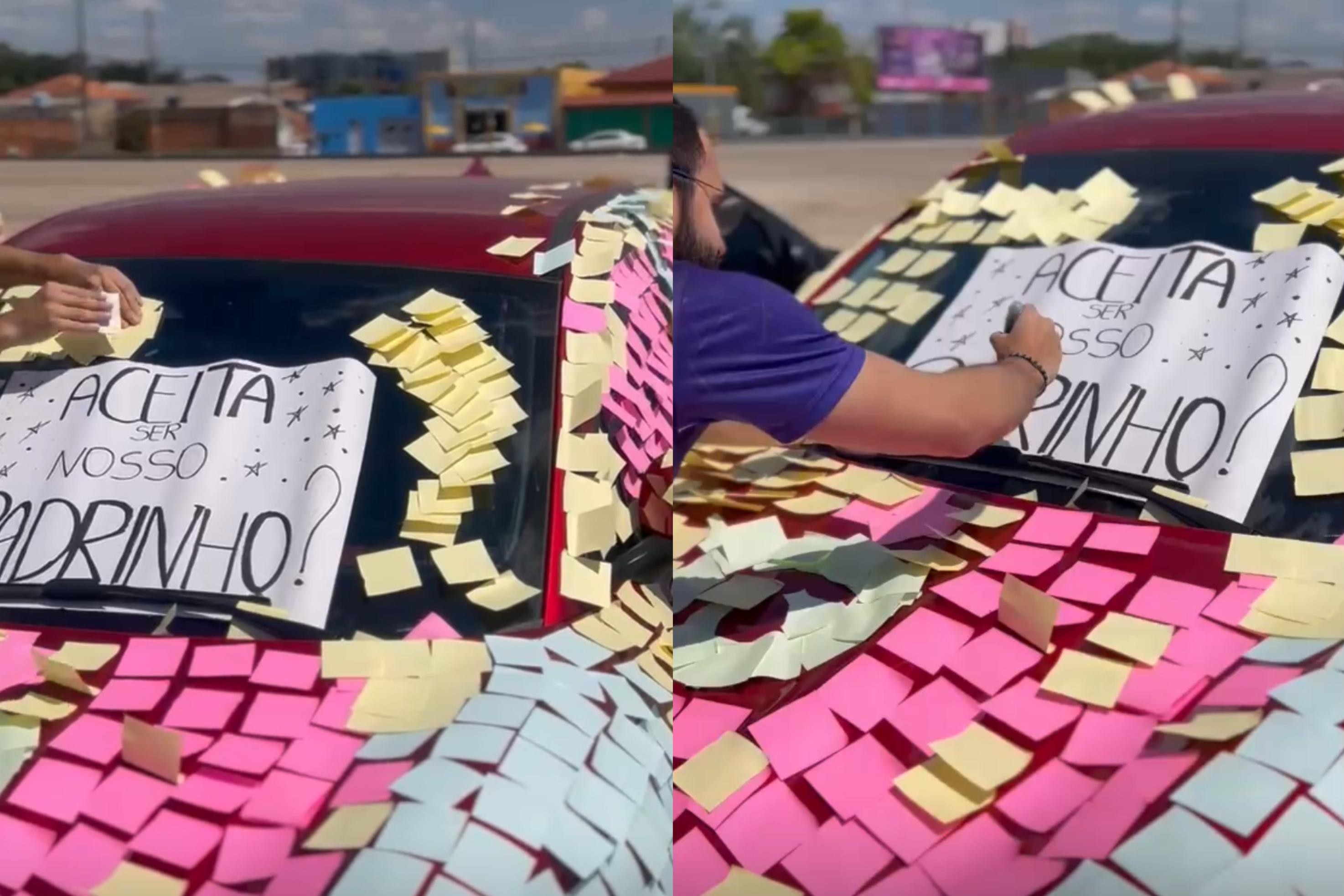 Alunos enchem carro de professor com  bilhetes ao convidá-lo para ser padrinho de formatura em RO