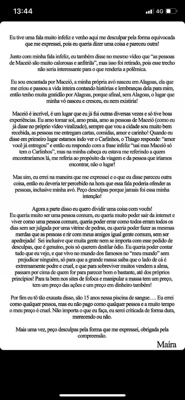 Pedido de desculpas publicado no Instagram — Foto: Reprodução