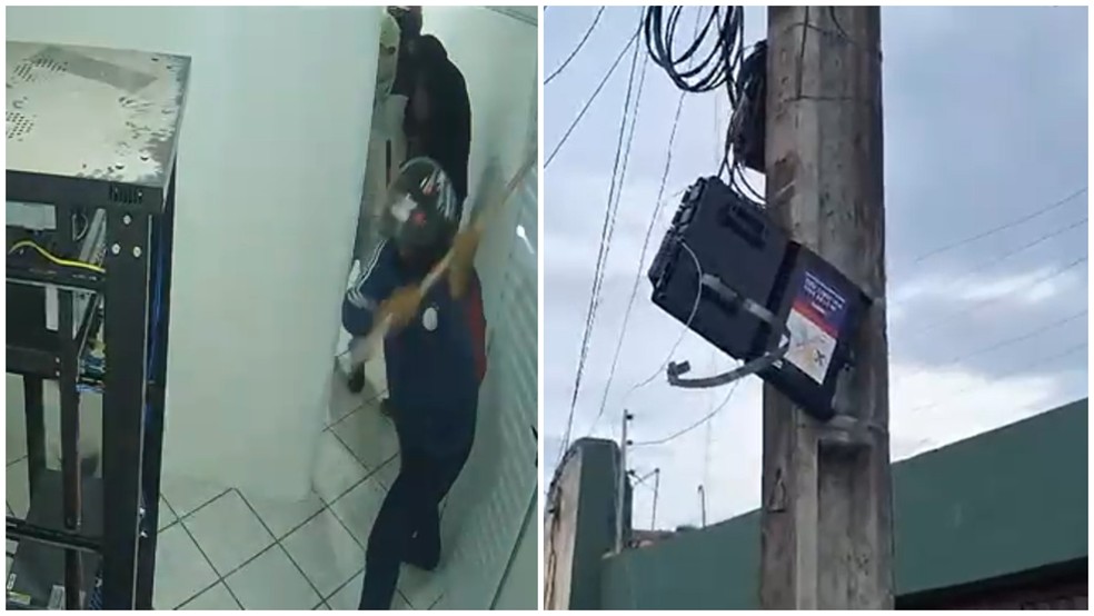 Criminosos invadiram estabelecimentos para danificar estruturas de internet e atacaram equipamentos em postes — Foto: Reprodução
