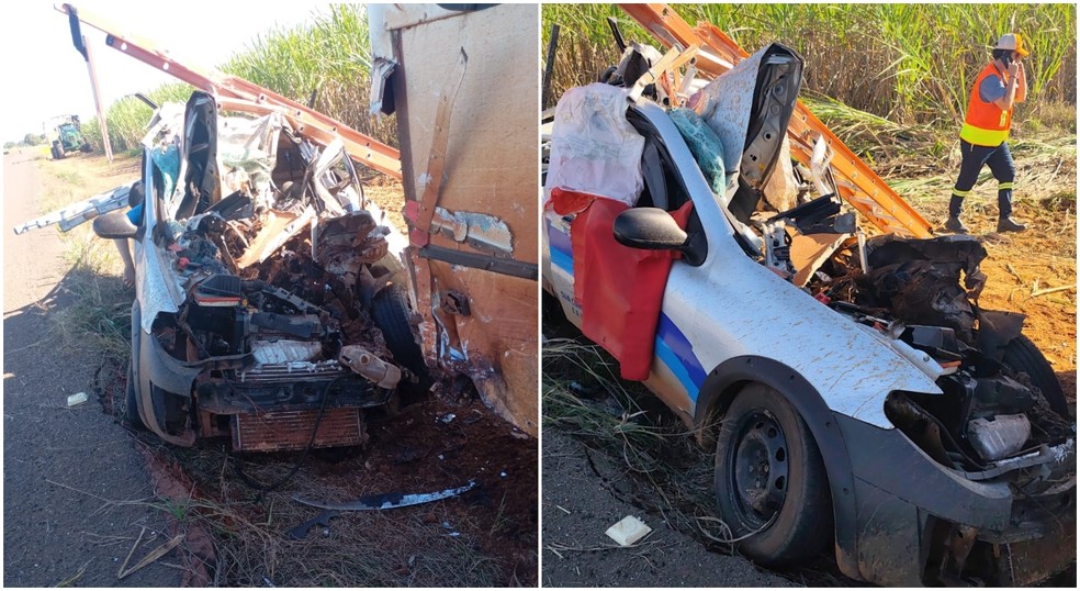 Vítimas estavam no carro e morreram após ficarem presas às ferragens em Paulicéia (SP) — Foto: Reprodução/Panorama Notícia