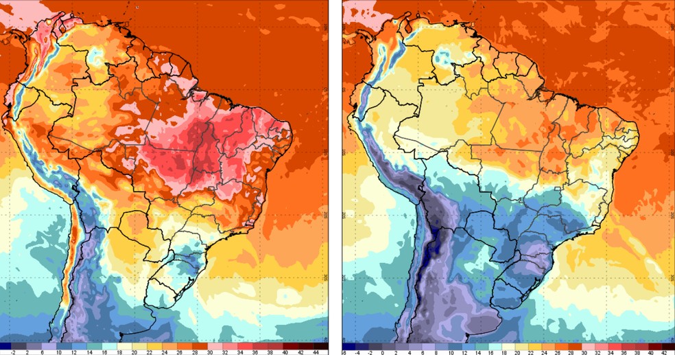 Mapas de previsão de temperatura máxima para sábado (17) e previsão de temperatura mínima para domingo (18) . — Foto: Reprodução/INMET